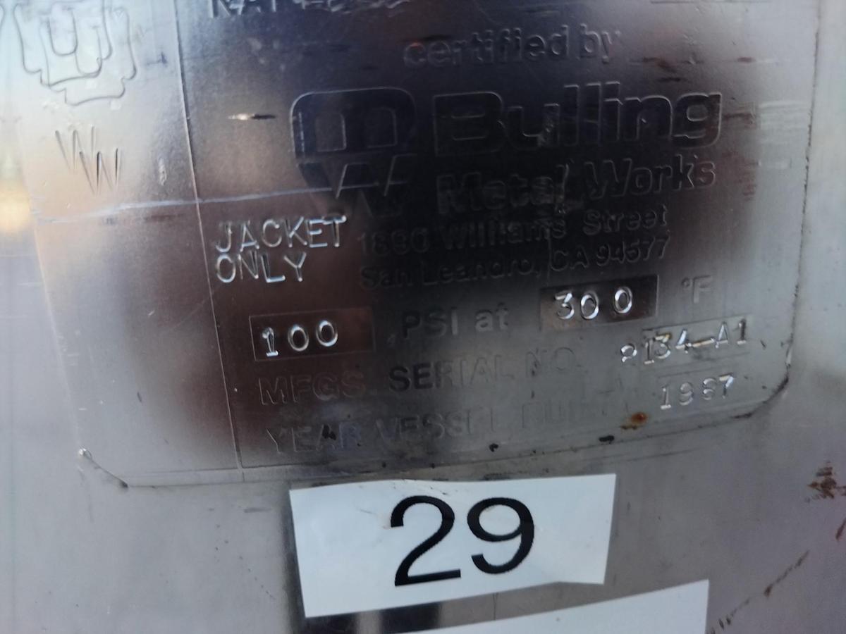 Used Tank, 26 Gallon (100 Liter), 316L Stainless Steel, Jacketed, 100 PSI, Bulling Metal Works, #5991473