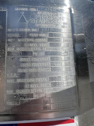 Used Reactor, 80 Gallon (300 Liters), 316L Stainless Steel, Jacketed, 45 PSI Internal, Agitated #S745439