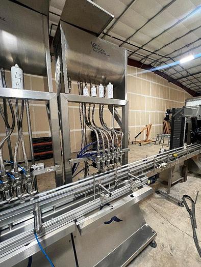 Used Filling Line, 12-Head, Overflow Filler, Inline Capper, Wrap Labeler #C745379
