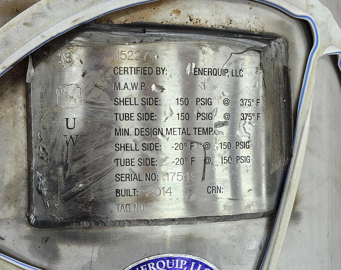 Used Heat Exchanger, Shell & Tube, Enerquip, 150 PSI, 316L Tubes / 304L Shell, #5991735
