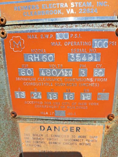 Used Boiler, 6.6 HP, Riemers, Electric, 100 PSI, 60 kW #S736803