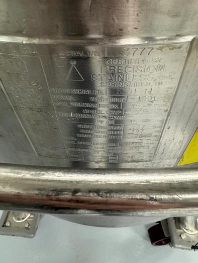 Used Reactor, 50 Gallon (200 Liters), 316L S/St, Jacketed, 45 PSI Internal, Agitated #S745437