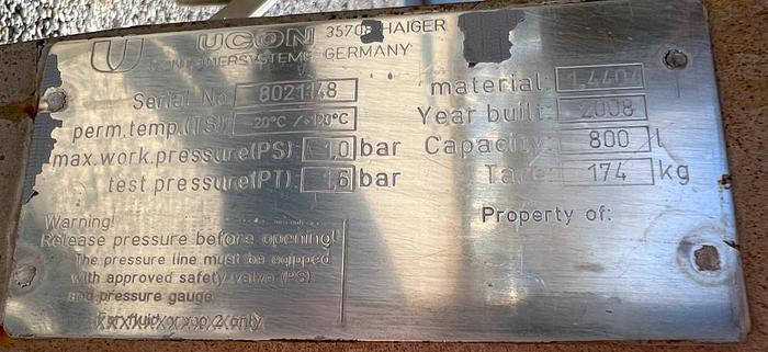 Used Tank, 211 Gallon, S/st, Ucon, 42" X 36", Jkt, DT/DB, E  #S744859