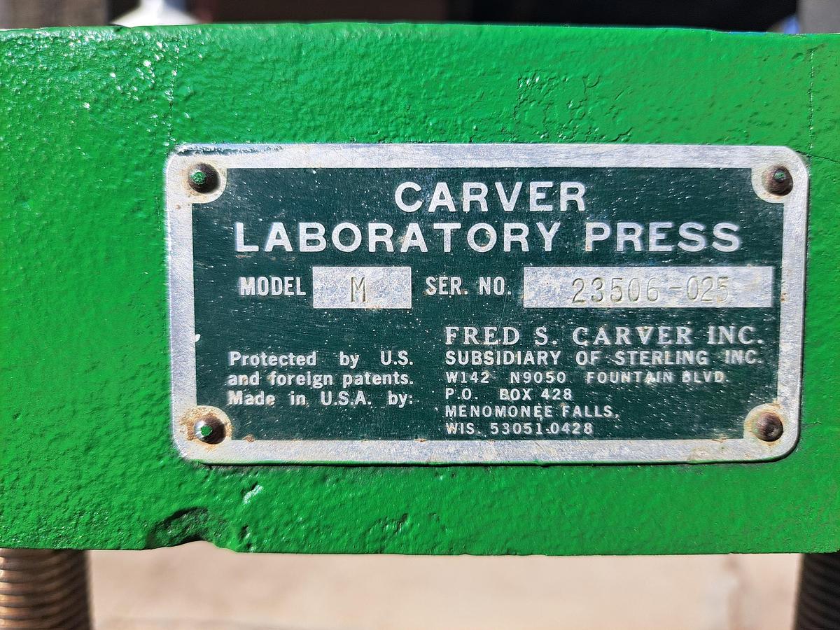 Used Press, Hydraulic, Carver Model M Laboratory Press, 25 Ton Manual , 9" x 9" Platen, Adjustable 0.75"–16" Opening, #5991648