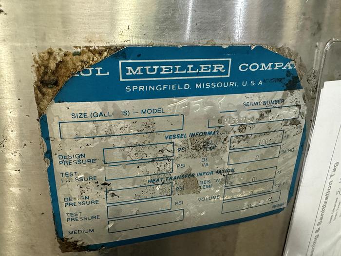 Used Tank, 100 Gallon, 316 Stainless Steel, Agitated, Pressure Vessel, Mueller #5991056