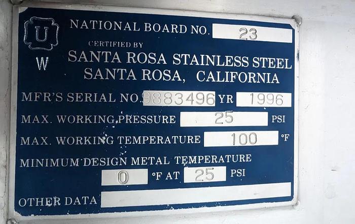 Used Tank, 6,600 Gallon, Stainless Steel, 96" x 202", Jacketed, Santa Rosa #5762689