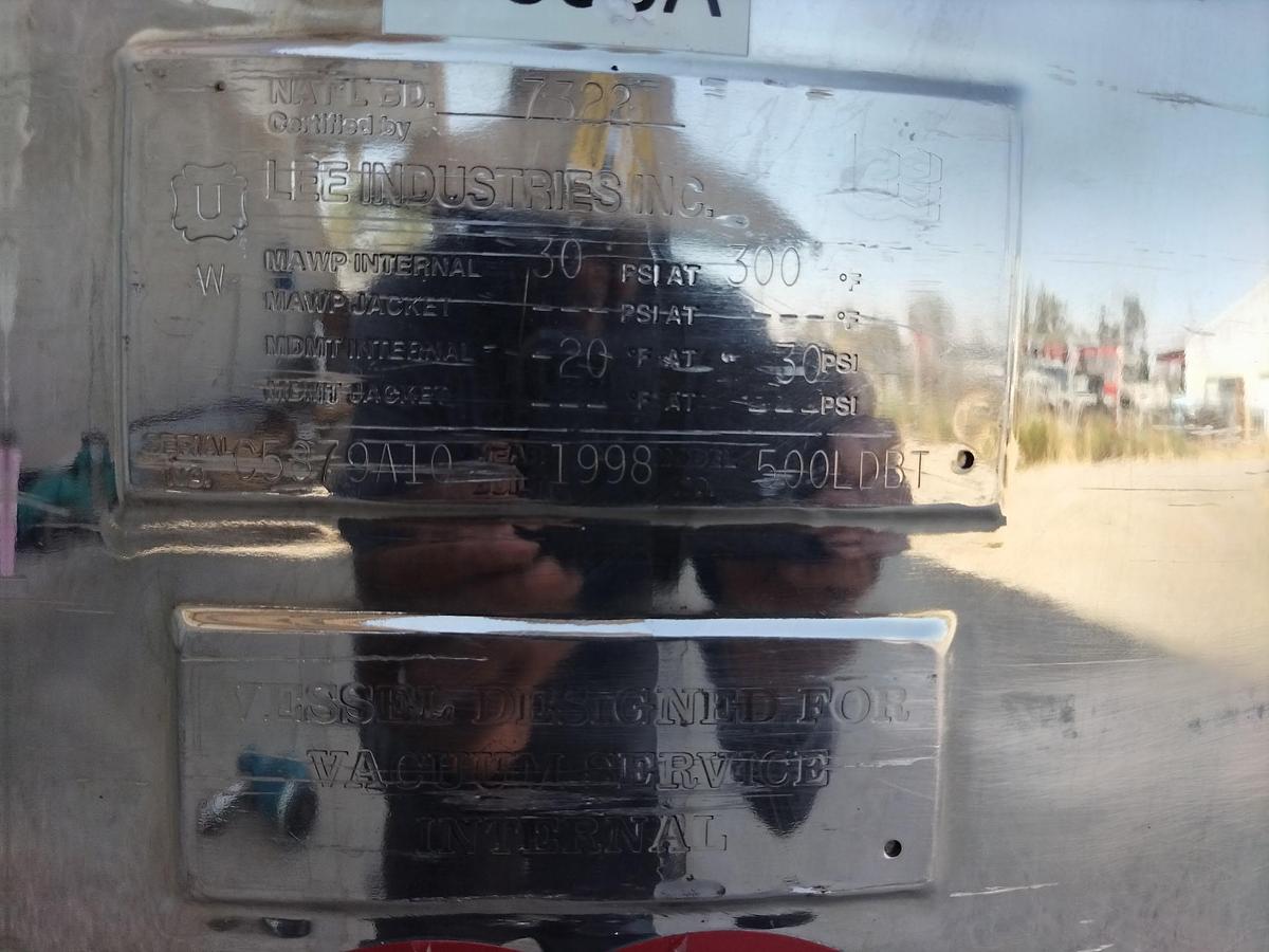 Used Tank, 132 Gallon (500 Liter), 316L Stainless Steel, Jacketed, Full Vacuum, 50 PSI, Lee, #5991493
