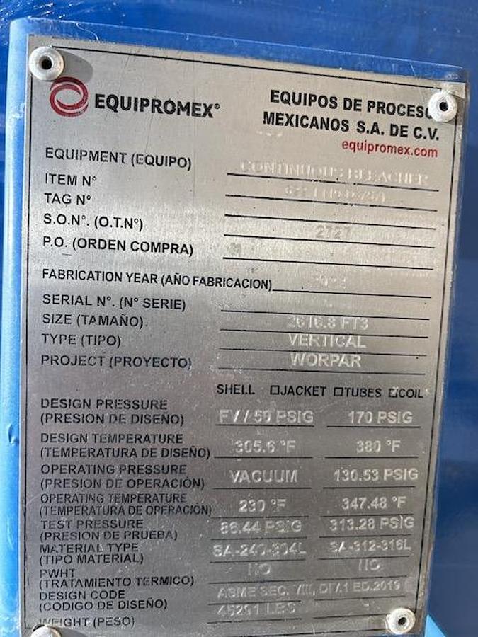 Used Reactor, 20,000 Gallon, 304L Stainless Steel, Equipromex, Vertical, Continuous Bleacher, 50 PSI/FV, 316L SS Coil, Agitated, Unused, #5991586