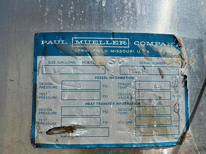Used Tank, 100 Gallon, 316 Stainless Steel, 3 PSI, Mueller- #5991125