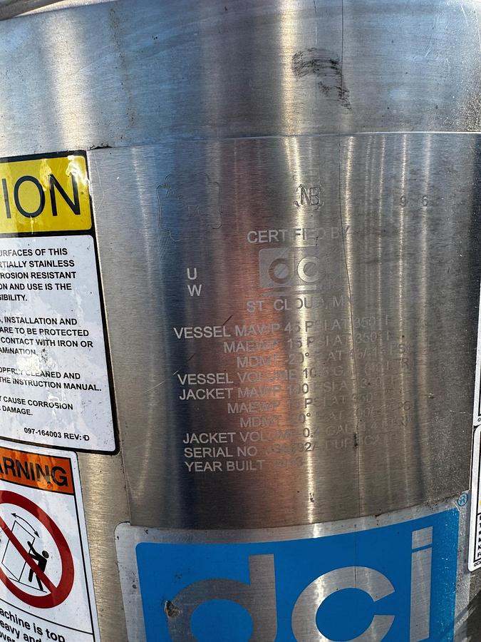 Used Tank, 10.6 Gallon (40 Liter), DCI, Agitated, Stainless Steel, 45 PSI, FV, #5991469
