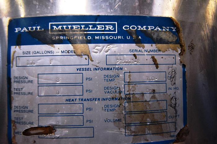 Used Tank, 100 Gallon, 316 Stainless Steel, Agitated, Pressure Vessel, Mueller #5991056