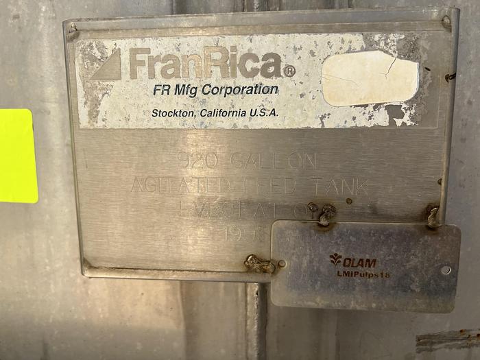 Used Tank, 920 Gallon, Stainless, Scrape Agitated, Fran Rica #S745050