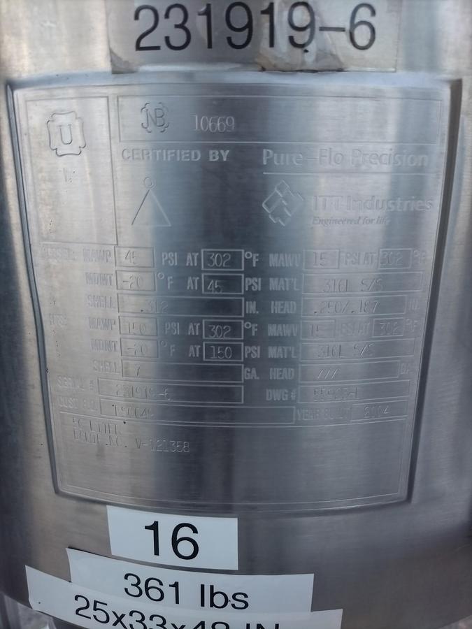 Used Tank, 13.2 Gallon (50 Liter), Pure-Flo Precision, Jacketed, Agitated, 316 Stainless, 15 PSI, #5991453
