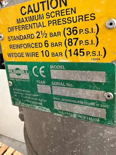 Used Filter, Pressure, Russell Finex Eco Filter, Model 304 01E86341, 2021, #5991313