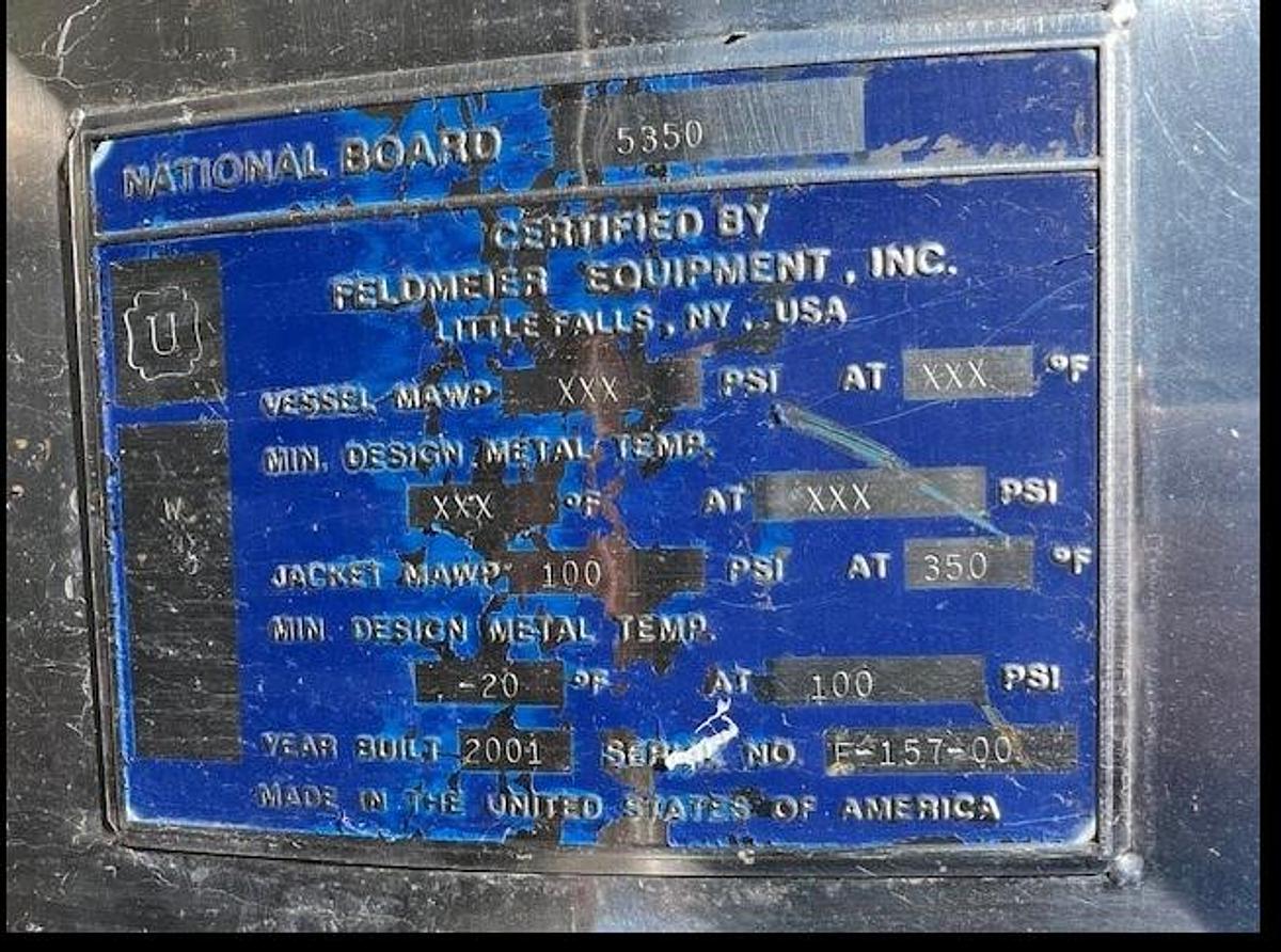 Used Tank, 300 Gallon, 316L Stainless Steel, Jacketed, Scrape Agitated, Feldmeier #S745371