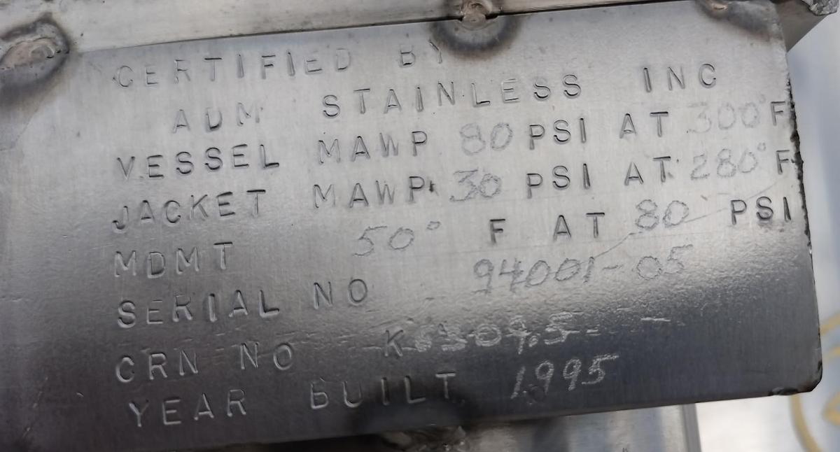 Used Tank, 250 Gallon, Jacketed, 80 PSI, Stainless Steel, ADM Stainless, #5991477