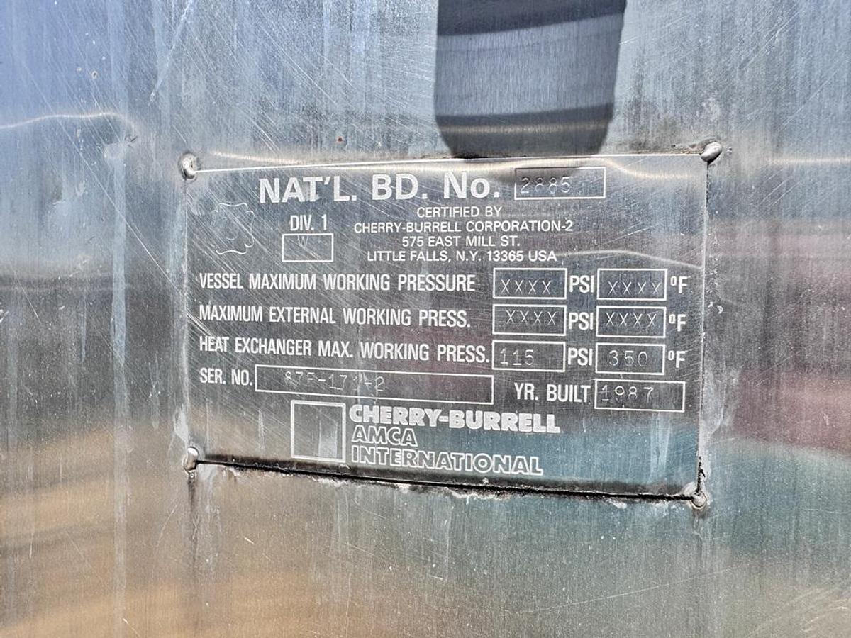 Used Tank, 200 Gallon, Stainless Steel, Jacketed, Cherry-Burrell, #5991980