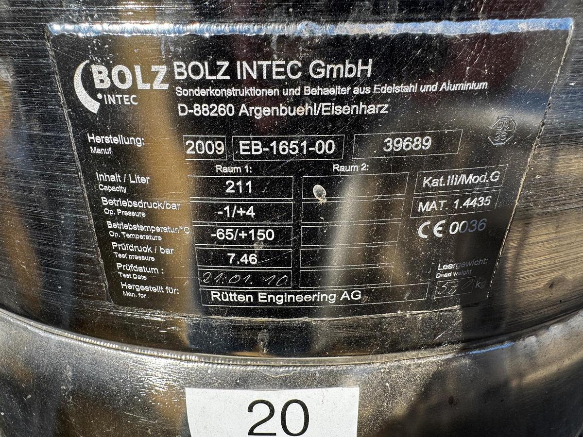 Used Tank, 55 Gallon (211 Liter), Bolz, 316L Stainless Steel, Portable, #5991464