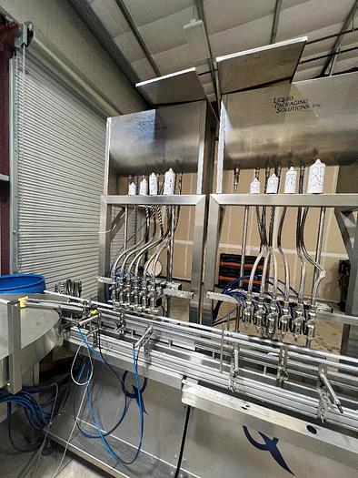 Used Filling Line, 12-Head, Overflow Filler, Inline Capper, Wrap Labeler #C745379