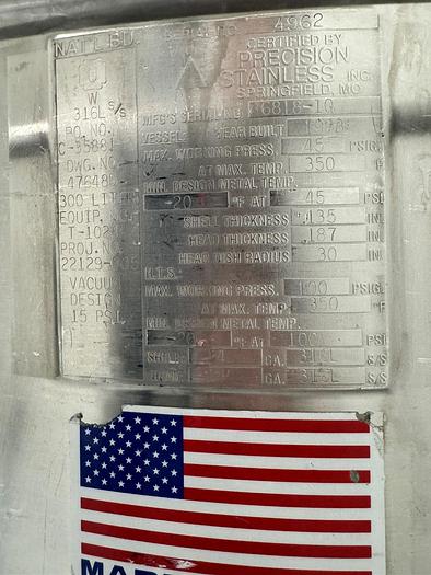 Used Reactor, 80 Gallon (300 Liters), 316L S/St, Jacketed, 45 PSI Internal, Agitated #S745739