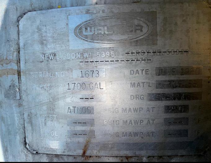 Used Tank, 1,700 Gallon, 316 Stainless Steel, Agitated, Walker, #5990990