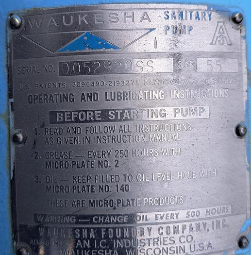 Used Pump, Positive, Waukesha, Mdl 55, 2" In/Out, 3 HP #S745801