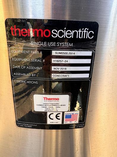 Used Reactor, 132 Gallon (500 Liter), Single Use, Stainless Steel, Thermo Scientific, 30" x 50" Jacketed #5991244