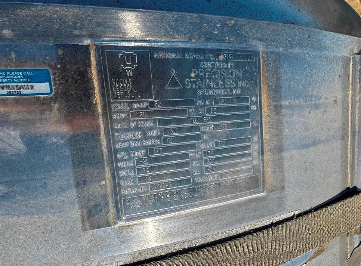 Used Tank, 1,320 Gallon (5,000 Liter), Jacketed, Agitated, 316L Stainless Steel, 100 PSI, #5991478