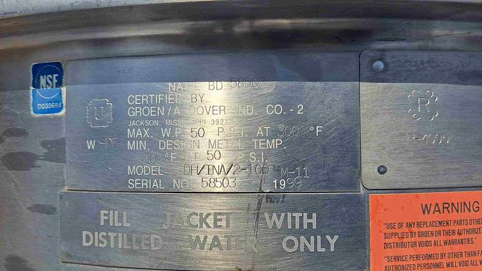 Used Groen Kettle, 100 Gallon, Scrape Agit, Tilt, Groen,  Model DH/INA/2-100 #S745064