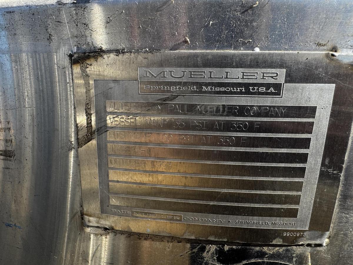 Used Tank, 264 Gallon (1,000 Liter), Mueller, Jacketed, Stainless, 35 PSI / Full Vacuum, #5991457