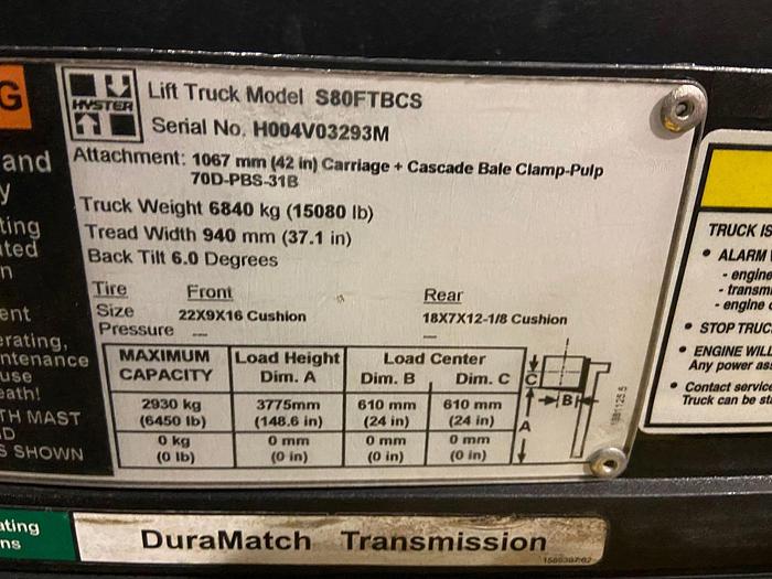 Used 8,000 POUND HYSTER MODEL S80FTBCS MFG. 2014 3,900 HOURS