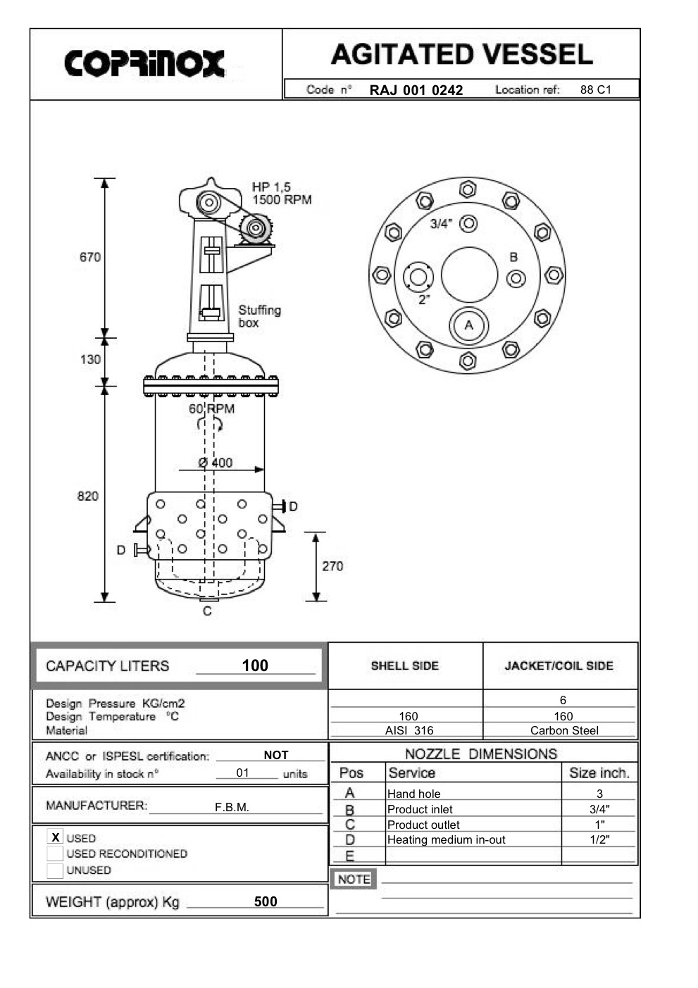 Usato Reattore F.B.M. da 100 Litri