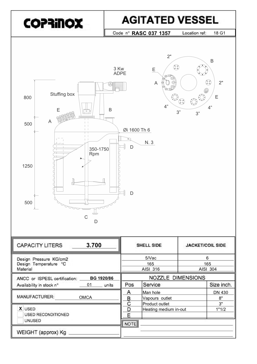 Usato Reattore OMCA da 3700 Litri