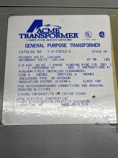 Used ACME TRANSFORMER T-2-53012-S 1 Phase 