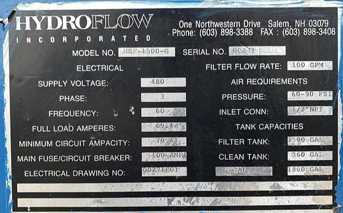 Used HYDROFLOW MODEL HSF-1500-G COOLANT FILTRATION SYSTEM FOR GRINDING SWARF