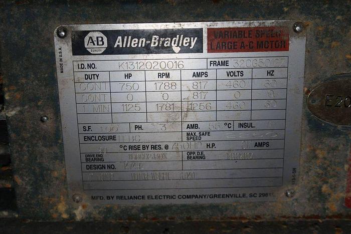 Used 750 HP ALLEN BRADLEY AC MOTOR VARIABLE SPEED 1788 RPM
