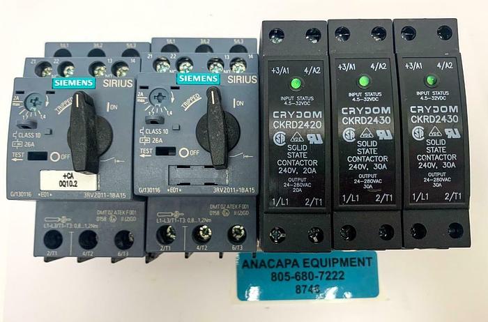 Used Crydom CKRD2430 Contactor, Siemens Sirius 3RV2011-1BA15 Breaker Lot of 5 (8746)W