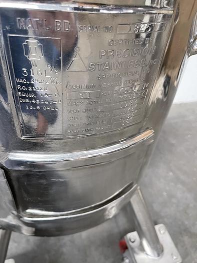 Used Precision 13 Gallon 316L Stainless Steel Jacketed Reactor 50 PSI