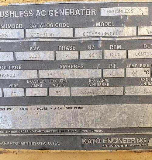 Used 800kW KATYO 2-Bearing Brushless, Synchronous Generator End
