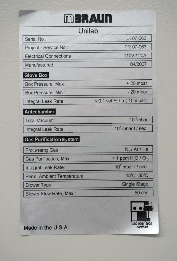 Used 2007 Mbraun Unilab glovebox with gas purifier, moisture and oxygen monitor