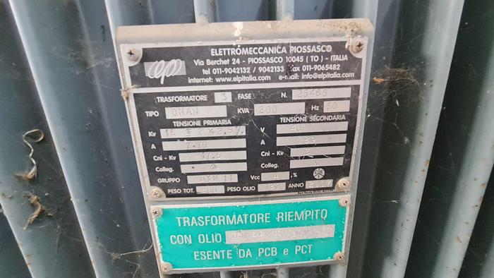 Usato 2007 Trasformatore elettrico ad Olio, Elettromeccanica Piossasco (Italia) Tipo ONAN - 200 Kva