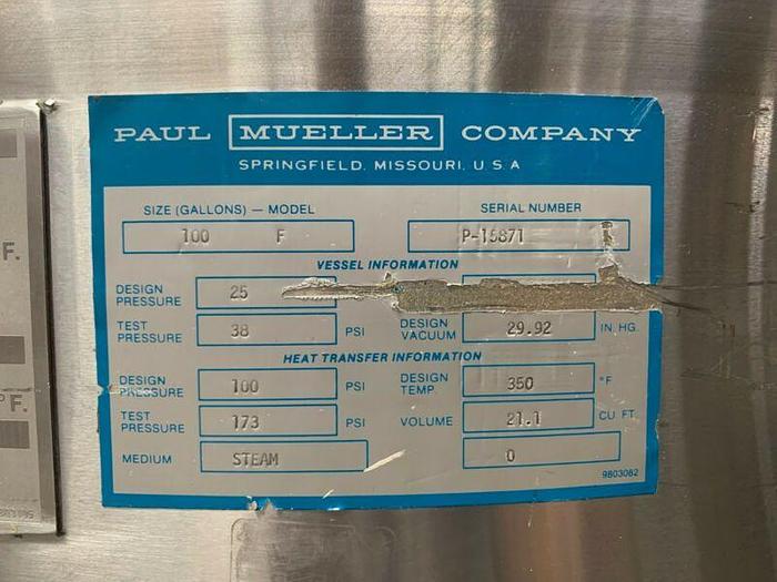 Used Paul Mueller 375 Liter Jacketed Stainless Steel Bioreactor 100 PSI