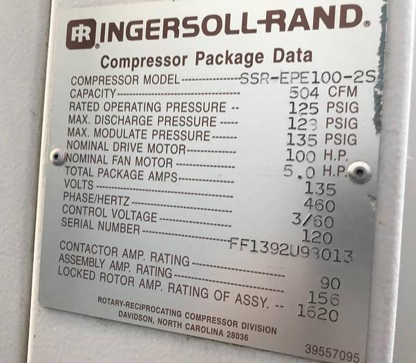 100HP 504CFM Ingersoll Rand Air Compressor