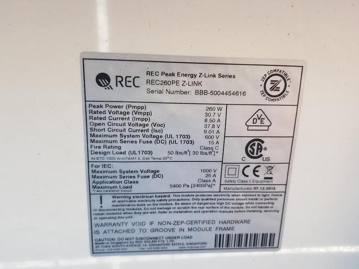 Used REC 260 Watt Solar Panel REC260-PE-ZLINK