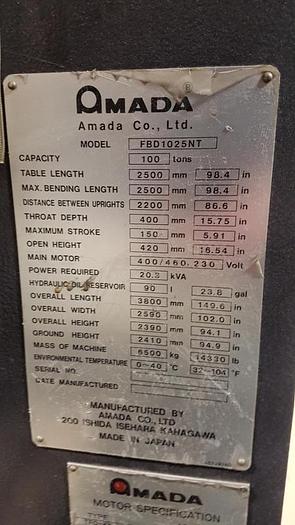 Used 110 TON X 98.4", 2007, AMADA FBD 1025NT, CNC PRESS BRAKE