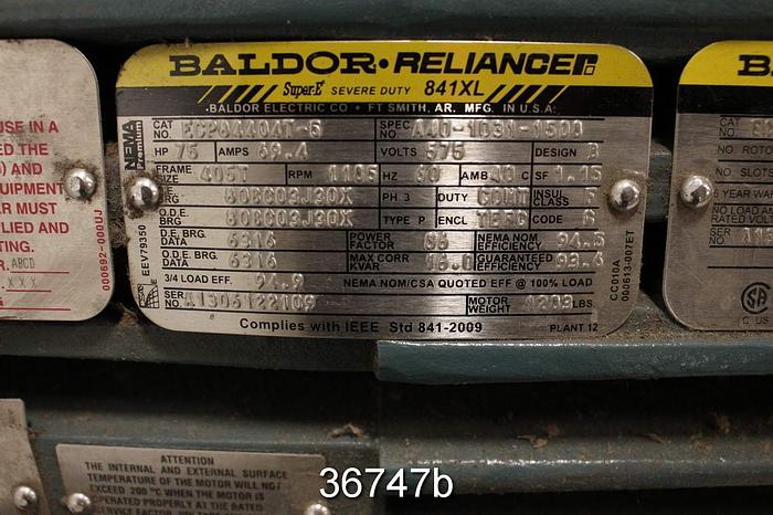 Used Baldor 75 Hp, 1185 Rpm, 575 Volt, 405T Frame Ac Motor #36747