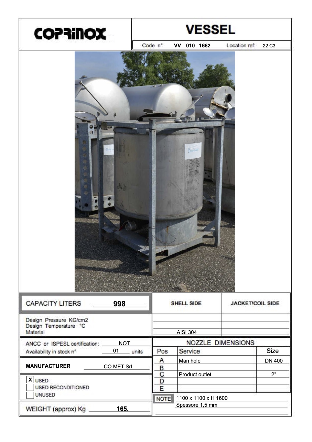 Used Serbatoio palettizzato da 998 litri in AISI 304