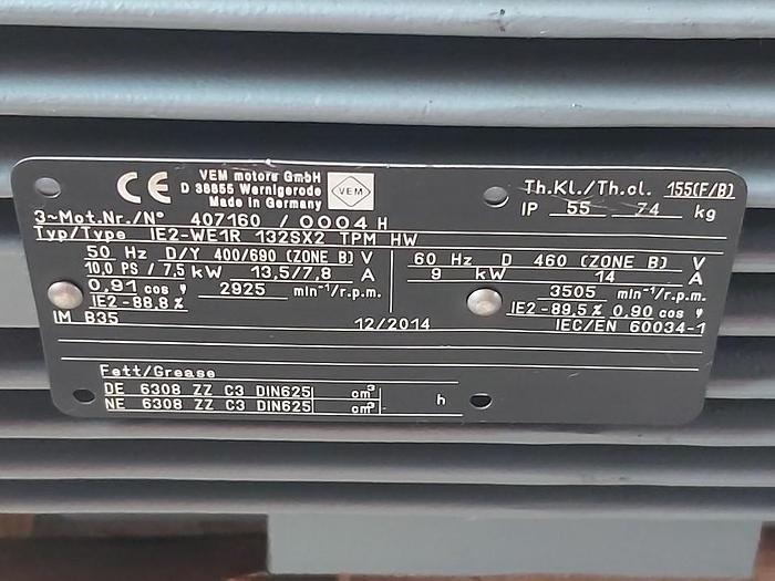 Elektromotor mit Flansch, IE2-WE1R 132SX2 TPM HW, 7,5 KW, 2925 rpm, VEM, neu -65%