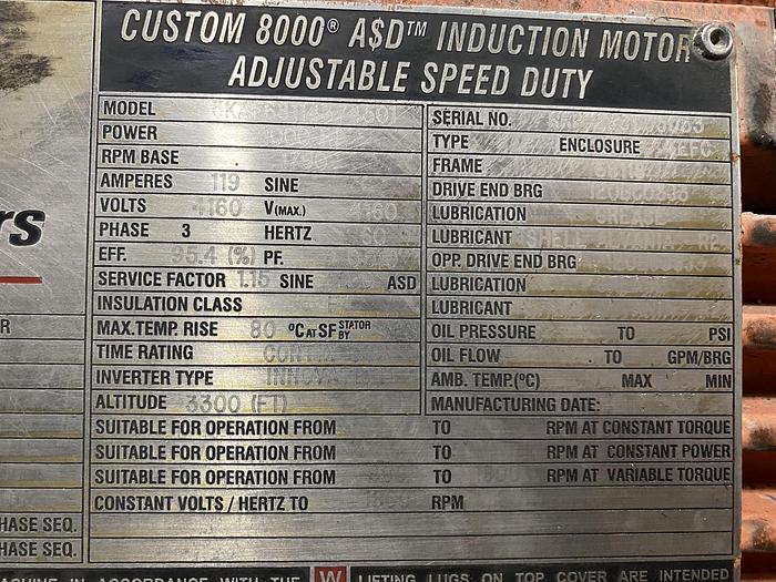 Used 1000 HP A$D INDUCTION MOTOR ADJUSTABLE SPEED 1790 RPM