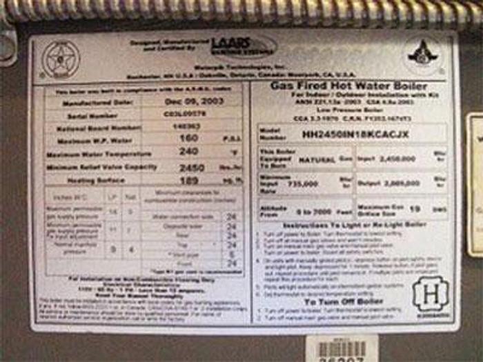 Used LAARs Gas-Fired Boiling System, 2 Million BTU, Piping